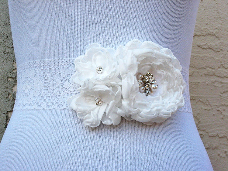Wedding Sash - White Lace and Flowers Sash with Swarovski Crystals for Bride, Bridesmaid, Formal occascion