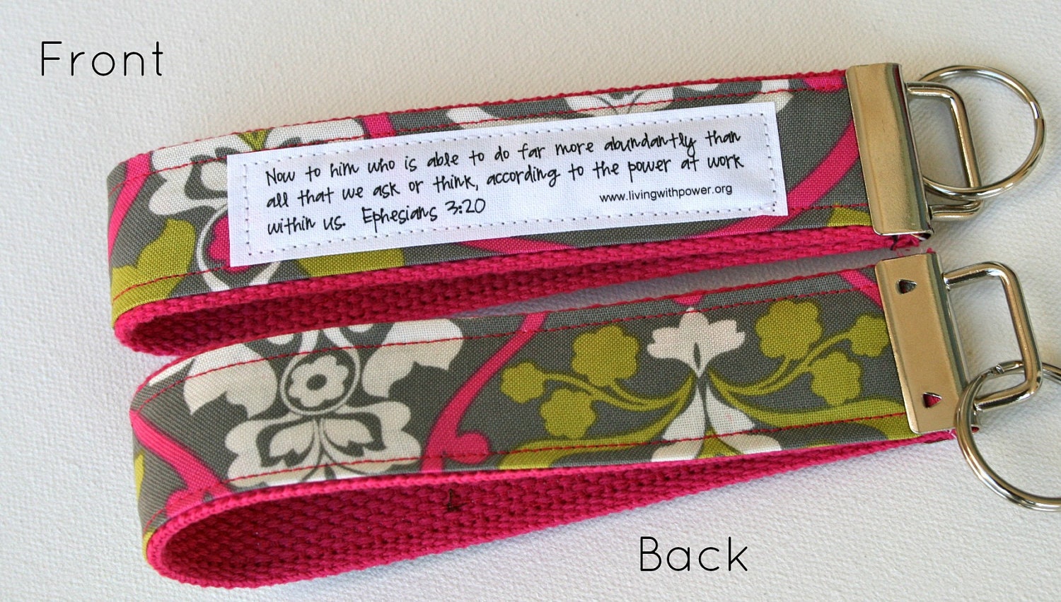 Pink, Grey and Green Damask Key Fob:  You choose verse or Quote