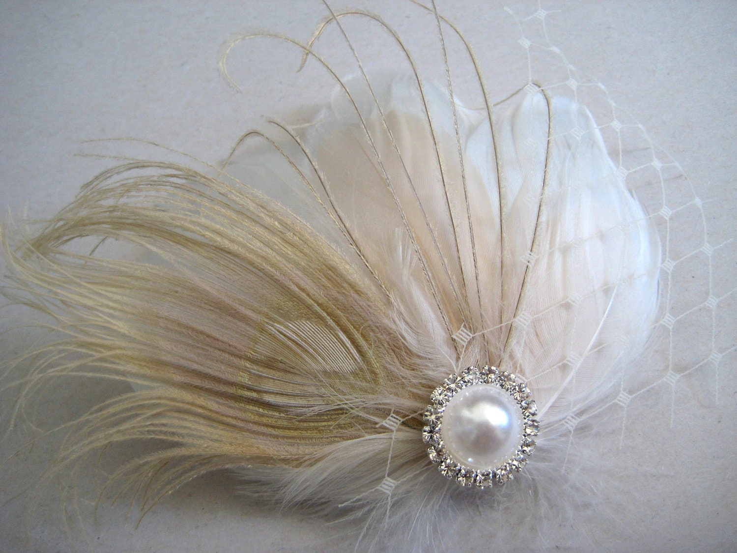 Wedding Bridal White Champagne Blush Peacock Feather Pearl Rhinestone Jewel Head Piece Hair Clip Fascinator Accessory