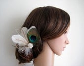 Wedding Bridal Peacock Ivory Brown Feather Rhinestone Jewel Head Piece Hair Clip Fascinator Accessory