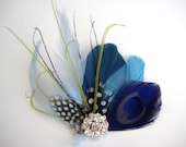 Wedding Bridal Teal Royal Blue Peacock Lime Green Feather Rhinestone Jewel Head Piece Hair Clip Fascinator