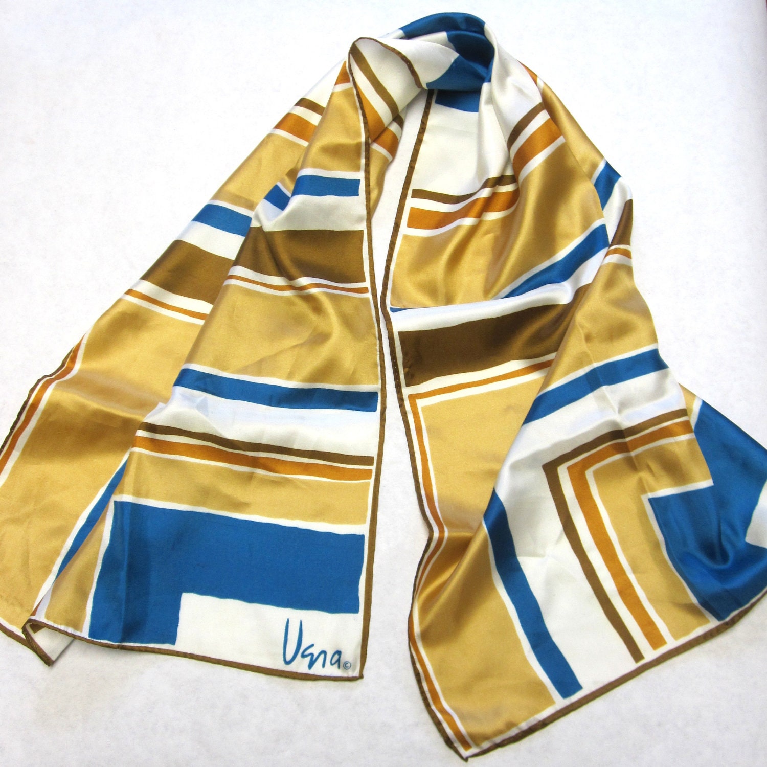 Vintage Vera Signed Scarf Blue White Golden Mustard Yellow