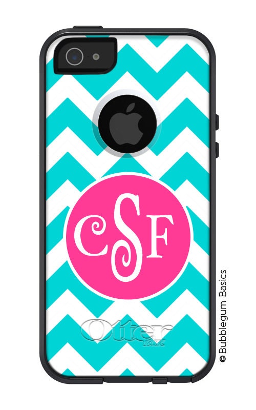OTTERBOX Commuter iPhone 5 4/4S Case Blue Chevron Hot Pink Circle 3 Letter Initials Personalized Monogram
