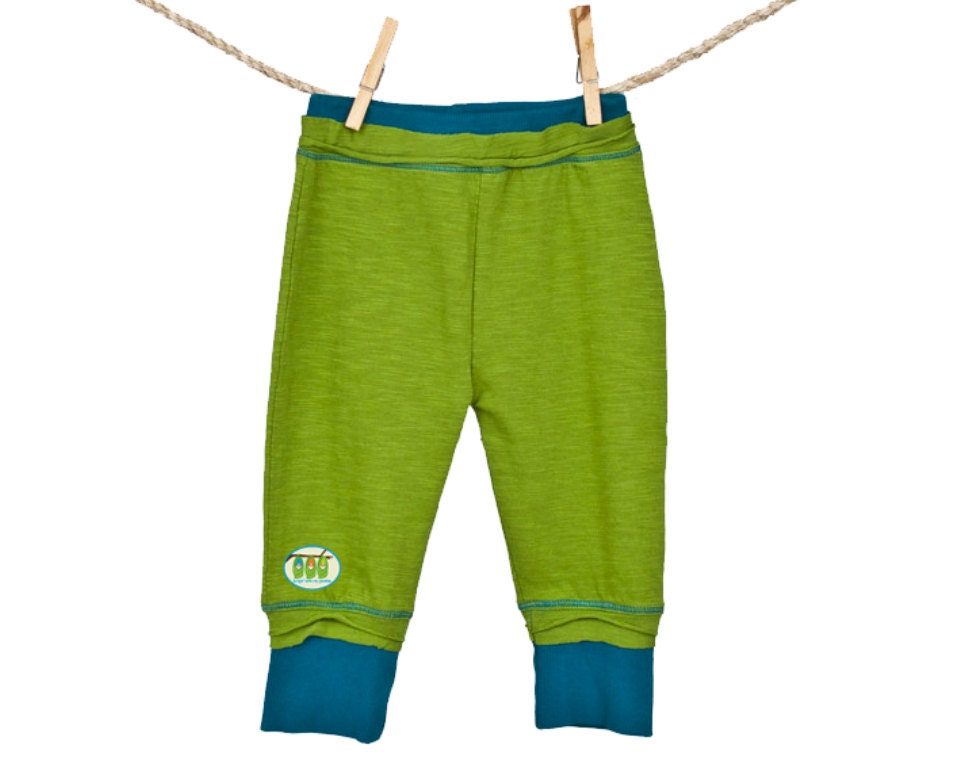 Organic baby clothes, pants or leggings, green and blue, hangin with my gnomies design