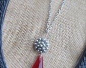 Vintage Necklace with Silver Bead Cluster and Red Crystal Drop