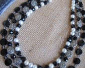 Handcrafted Necklace--Triple Strand White Pearl and Bead Necklace