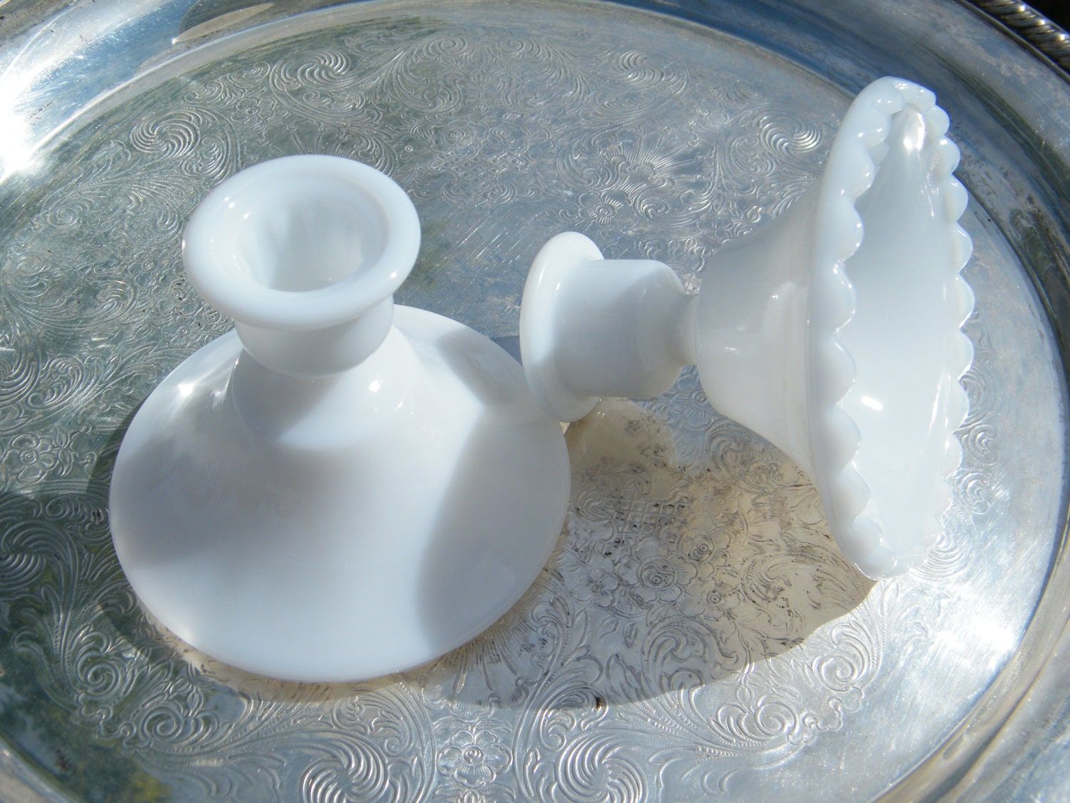 Vintage pair of White Milk Glass Candle Holders-Holiday Table Decoration - Entertaining - Candlesticks -Winter White Wedding Decor
