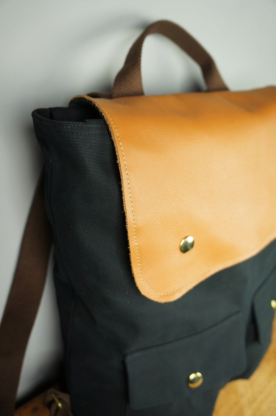 City Backpack in Black Canvas/ Backpack/ Women/ Laptop Bag/ Tan Leather/ Handmade in New York/ Messenger