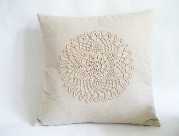Country Wedding Gift Idea Decorative Pillow Cover 17X17 Linen Cotton and Lace Pillowcase