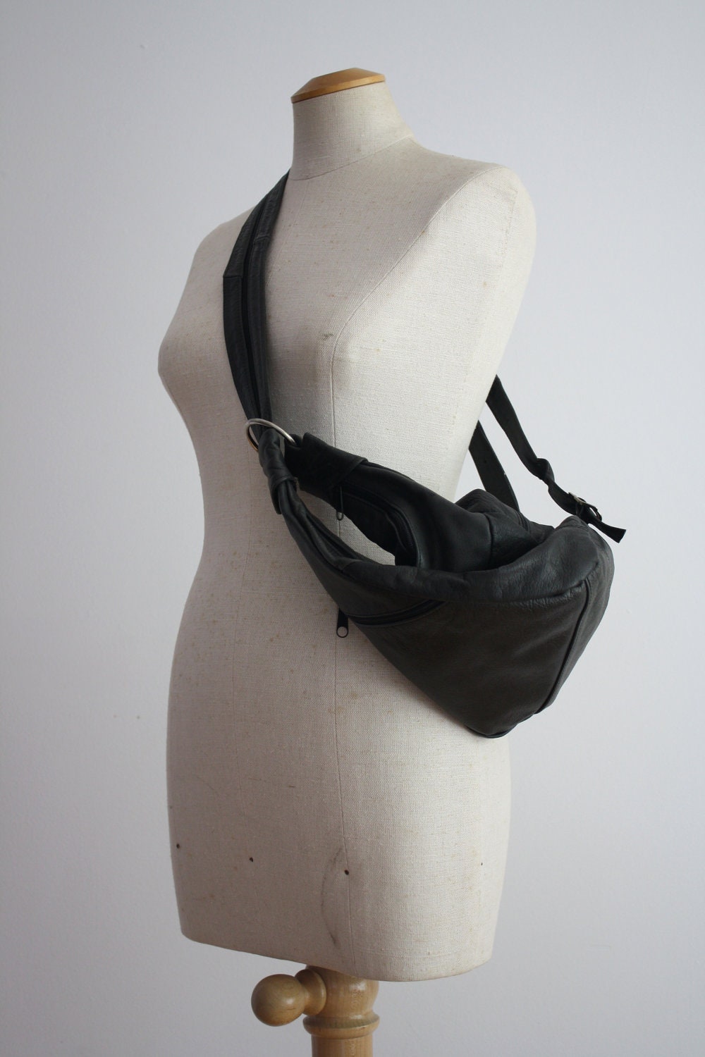 Backpack Leather Black Gray/Grey Dark Sling Silver - 1980s VINTAGE