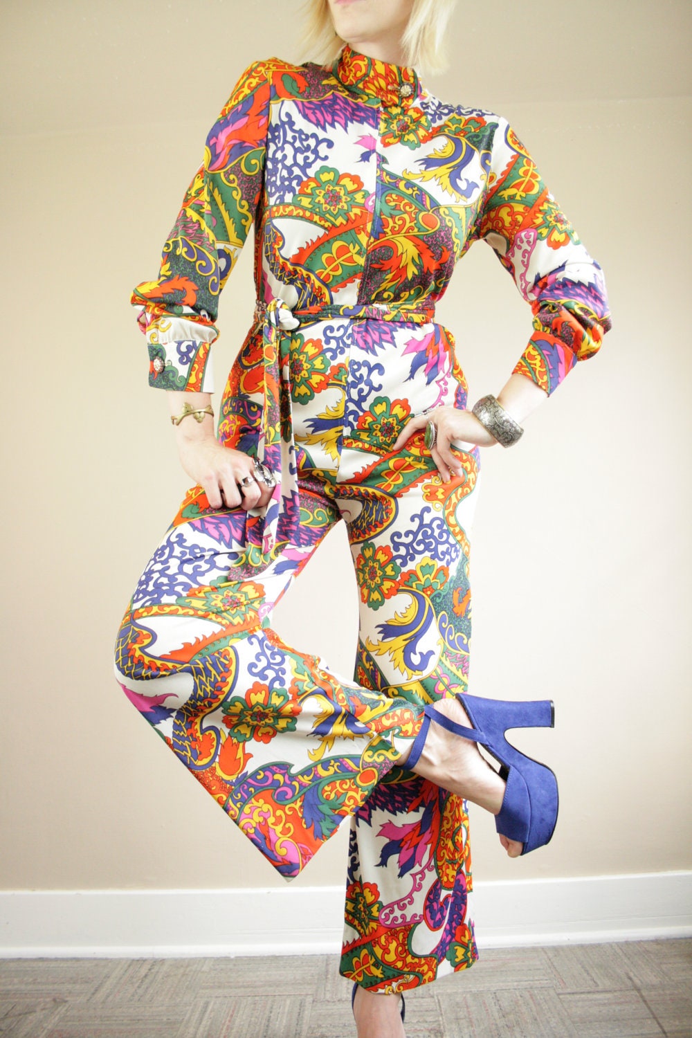 60s Psychedelic Zip Down Belted Pants Jumpsuit
