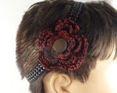 Gothic Headband, Black  Red Crochet Flower, Elastic Band
