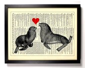 Seal Love, Heart, Antique Recycled Book, Upcycled Vintage Dictionary Book Page, 8 x 10 Print