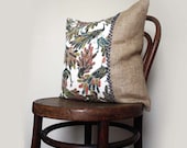 Peacocks Embroidered Accent Cushion. Vintage Silk and Burlaph/Hessian. 18'' (46cm)