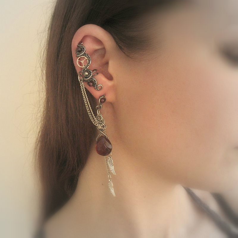 Steampunk Ear Cuff With Chains, Garnets And Stud Earrings, Titanium Color