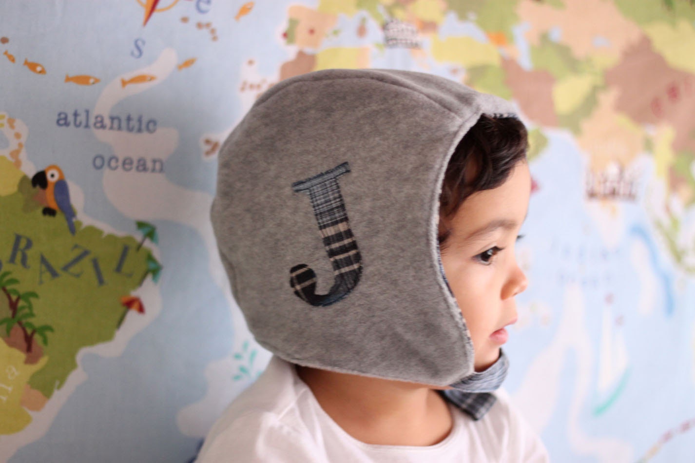 Monogram pilot cap, old fashioned aviator hat for boys. Warm gray fleece and blue plaid cotton flannel. Sizes 6m to 6y. Made to order.