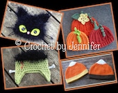 Set of 4 Halloween Crochet Patterns for Frankenstein, Black Cat, Pumpkin, and Candy Corn hats - all sizes - Welcome to sell finished items