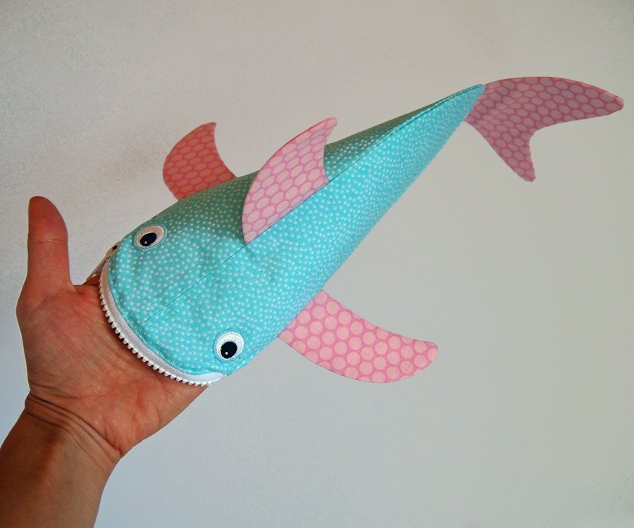 Shark Bag by MinneBites / Beach Bubbles Shark Bite - Pencil Pouch Case - Blue and Pink Fish Bag - Cute Girls Gift - Animal Bag