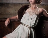 Duck Egg Silk 1920s style Great Gatsby Dress with antique lace collar - AliceHalliday