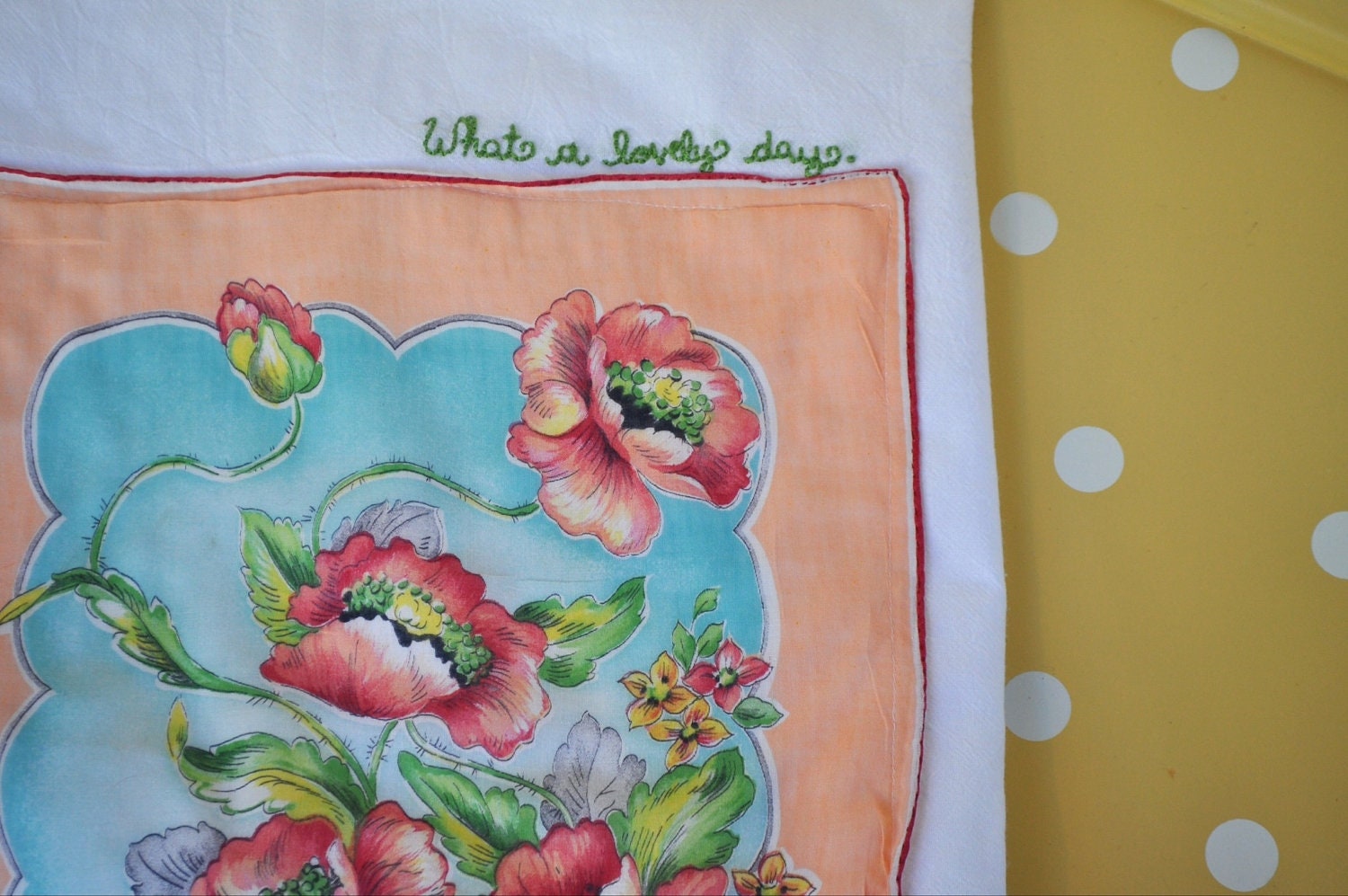 Flour Sack Dish Towel with Vintage Hankie and Embroidery