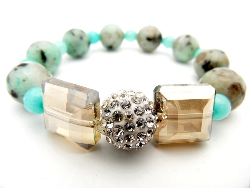 Stretch Beaded Bracelet, Swarovski Crystal Bracelet, Rhinestone Bracelet,  Amazonite, Jasper Bracelet, Stone Bracelet