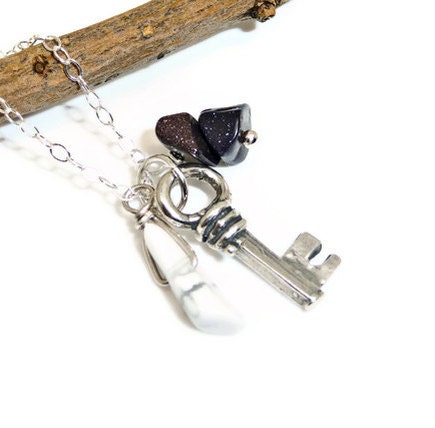 Artisan sterling silver necklace rustic key charm blue goldstone white howlite healing power energy stone sterling silver necklace