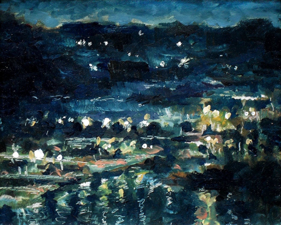 Impressionist landscape night painting, fine art original contemporary wall art, 'Docks After Dark' - LonBrauerStudios