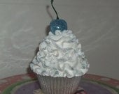 White Fake Cupcake Photo Prop with Blue Silver Glittery Cherry and Fairy Dust,  Home Decor and Cupcake Displays