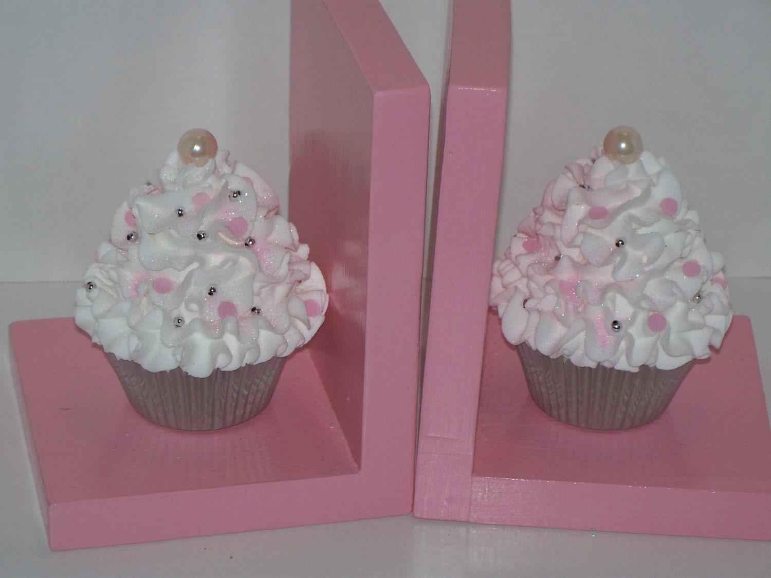 Fake Cupcake Bookends, Pastel Pink and White with Pearls, Christmas Gifts, Little Girls Room, Shabby Cottage Home Accents
