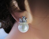 Bridal pearl stud earrings, Matte silver Princess Crown with CZ stones and South sea shell pearls  - BE 650