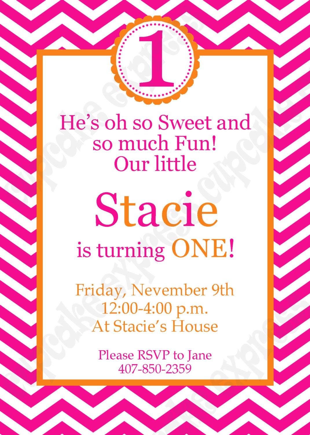 DIY Sherbet Orange and Hot pInk Birthday Party  PRINTABLE Invitation 5x7  First 1st Birthday -Cupcake express