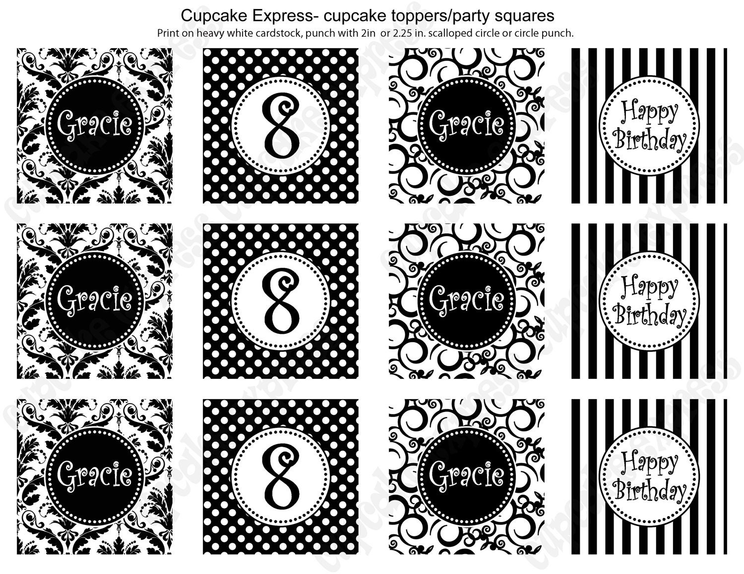 DIY Black and White Printable Party Circles 2in Cupcake Toppers damask polka dots stripes birthday bridal shower Il_570xn