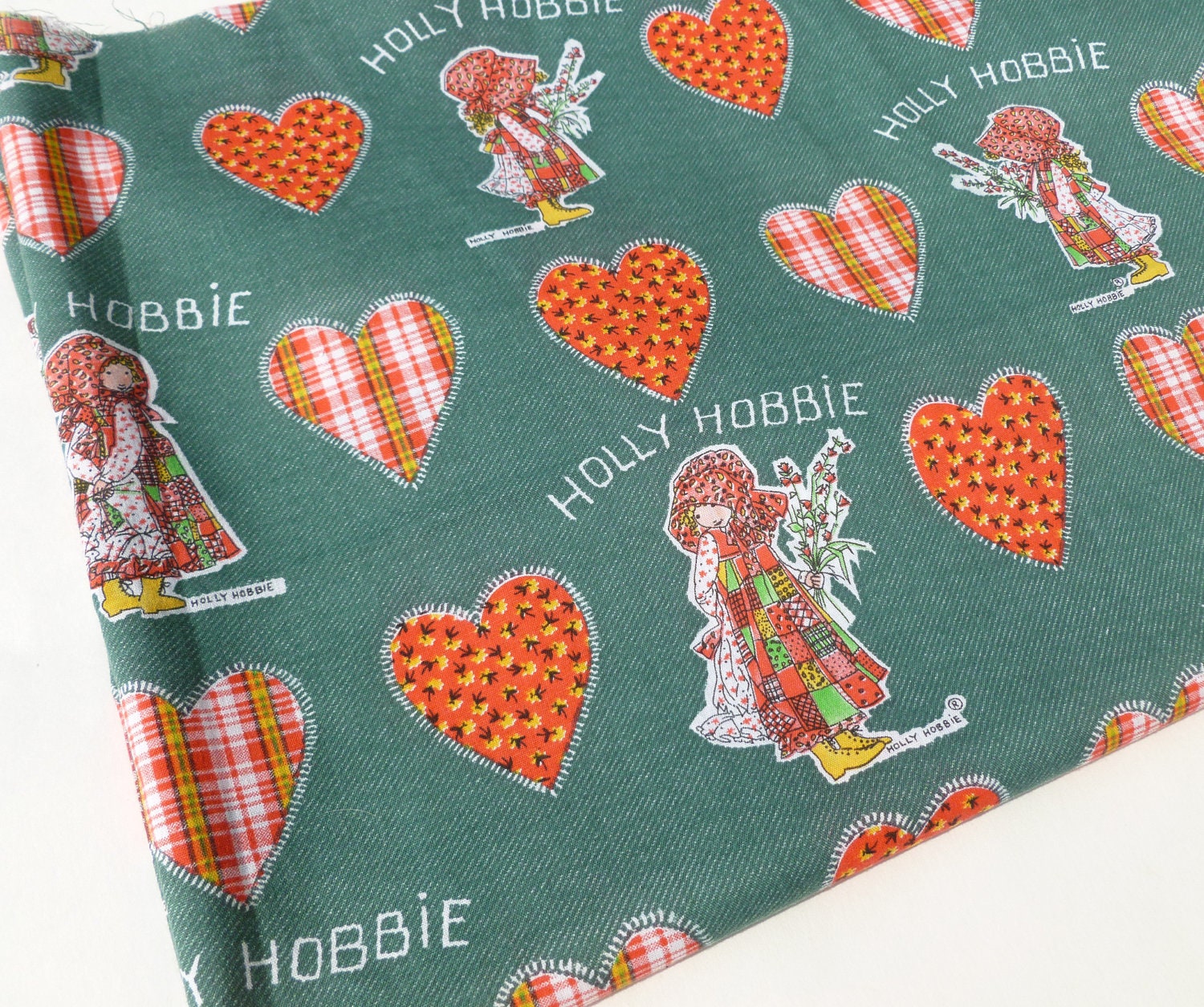 Holly Hobbie Fabric in Green and Red with Plaid and Calico Hearts Destash Yardage