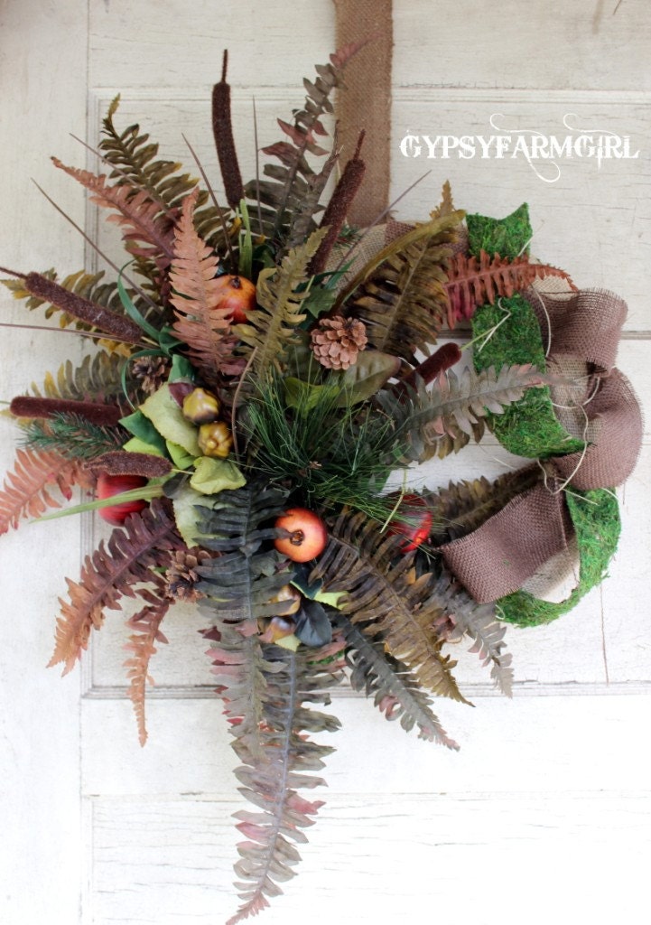 Woodland Wreath with Burlap, Moss Ribbon, Fern, Cat tails, Pine Cones, and Fruit