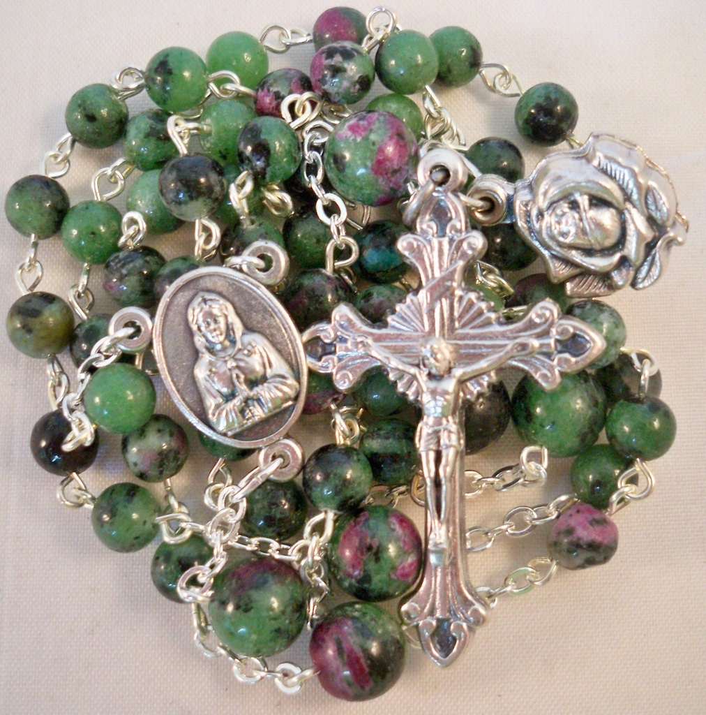 Handmade Catholic Rosary, Ruby in Zoisite Gemstone Beads, Rosa Mystica Mystical Rose Center, Rose Miraculous Charm