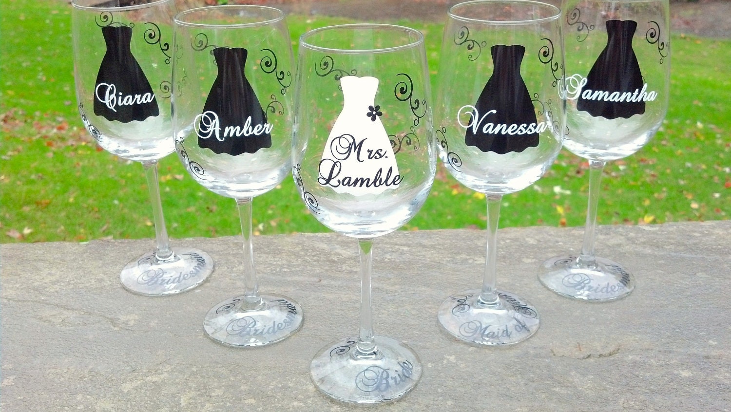 Bridesmaid gift idea wine glass, Includes name and title.  Black and white winter wedding theme or your colors.  1 glass
