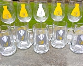 Yellow and gray Wedding party glasses, wine glasses and beer glasses.  Bridesmaid and Groomsmen gifts. Dress and tux glasses.