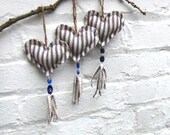 Rustic Heart Cloth Ornaments In Blue And White French Ticking Handmade by GoHeyJudy