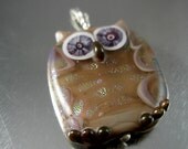 Handmade Silver Owl Pendant Tonque Pink and Pink & Green Frit Lampwork Glass Bead SRA  FHFteam Y3 GBUK UK Seller Cpteam