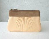 Pleated Clutch purse Peach Brown Leather Canvas Bridal Bridesmaids