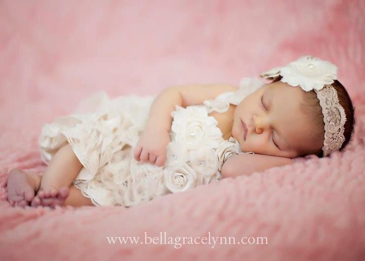 Lace Petti Baby Romper, Ivory with Flowers and Rosette Embellishments, Baby Rompers