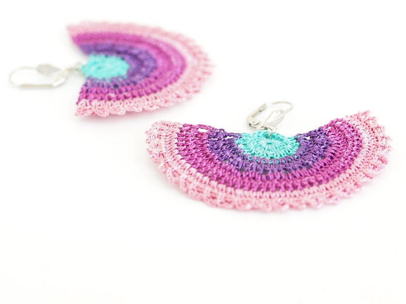 Crochet Bohemian Chic Dangle Earrings in Purple, Mint, Powder Pink Hippie Boho Gypsy Style Jewelry Strip Semicircle Geometric