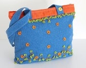 Jean Shoulder Bag in Blue, Green, Orange Polka Dot Crochet Flower Bohemian Chic Hippie Boho Gypsy Style Fashion