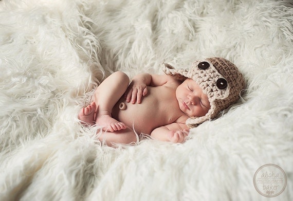 Aviator Hat Baby Hat, Crochet Baby Boy Hat, Taupe and Oatmeal