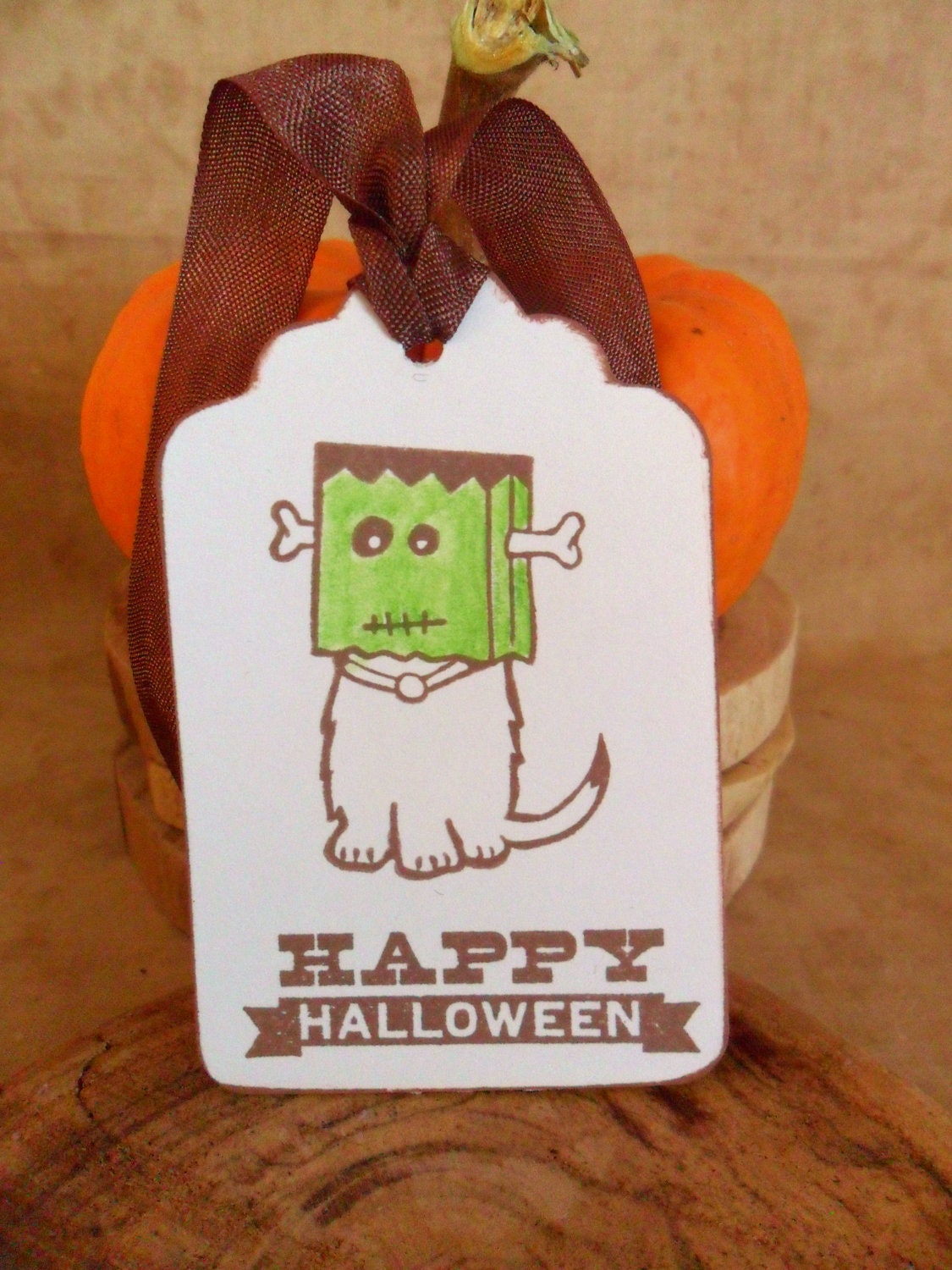 Gift Tags Halloween Frankenpup Dog Favor Tags All Hallow's Eve Green Brown