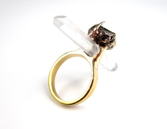 Resurrection - 18kt gold plated bronze beetle ring with quartz crystal