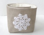 Burlap Basket Vintage Doily Medium - Rustic Storage Bin - Burlap Bucket - Burlap Wedding Decor