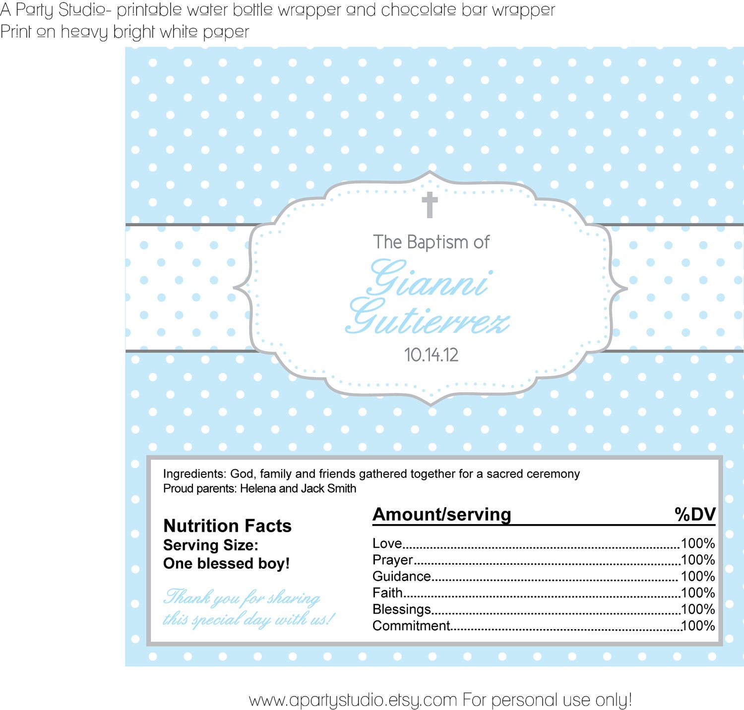 Polka Dot Baptism- Blue and Grey or Pink and Grey Chocolate Bar Wrappers- print your own