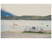 bicycle Loch boat water color photo print - whimsical fine art landscape photography, scotland, bike, blue, wanderlust