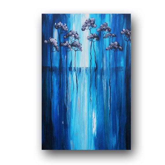 Blue & Silver Painting Abstract Tree Painting Original Landscape Painting Contemporary Painting on Canvas Modern Art 36x24 by Day